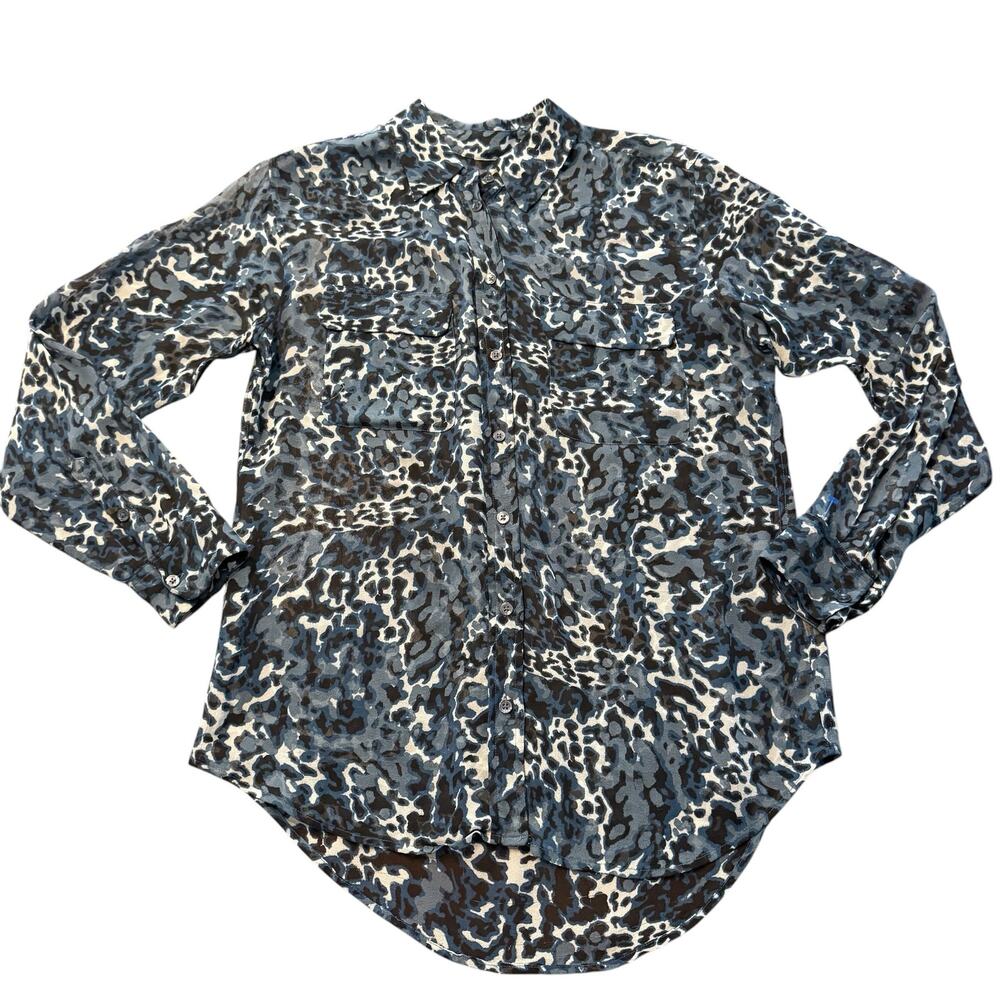 Equipment Femme silk semisheer button down blouse, blue animal print, pockets, S